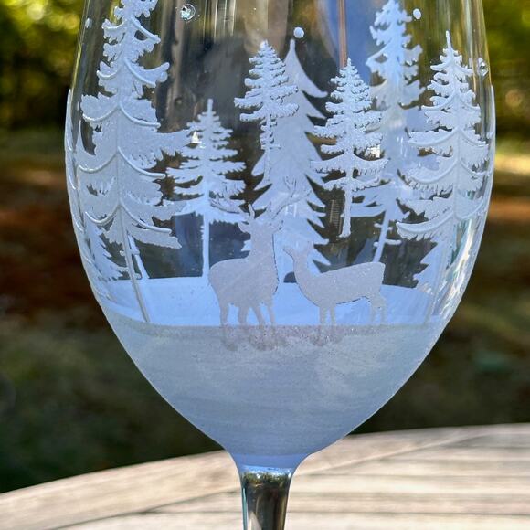 Christmas Tree & Reindeer Stemless Wine Glass 9” Frosted Winter Forest NEW - Picture 7 of 12